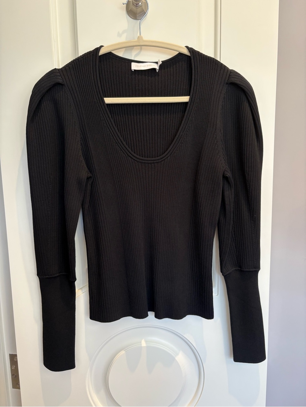 Jonathan Simkhai Black Ribbed Puff-Sleeve Scoop Neck Top